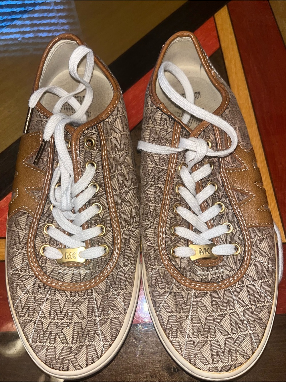 Michael Kors Brown MK Monogram Lace-Up Sneakers with White Laces